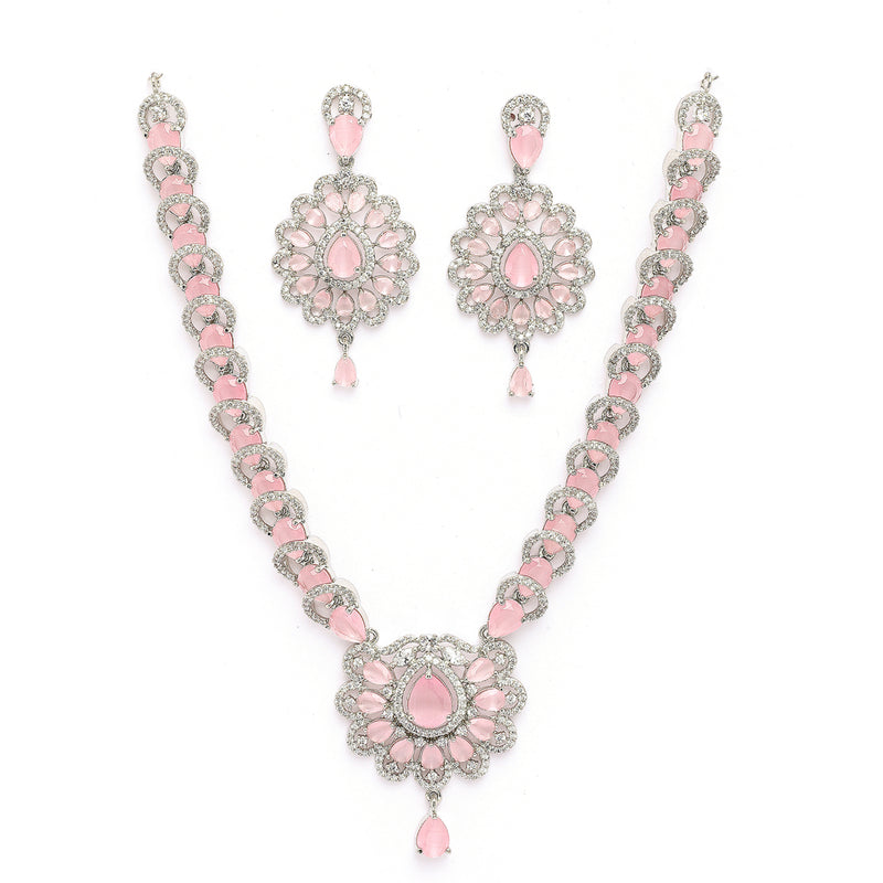 Rhodium Plated Silver Toned Ornate Shaped Pink & White American Diamond Studded Jewellery Set