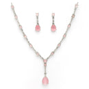 Rhodium Plated Silver Toned Teardrop Shaped Pink & White American Diamond Studded Jewellery Set