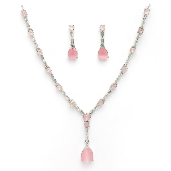 Rhodium Plated Silver Toned Teardrop Shaped Pink & White American Diamond Studded Jewellery Set