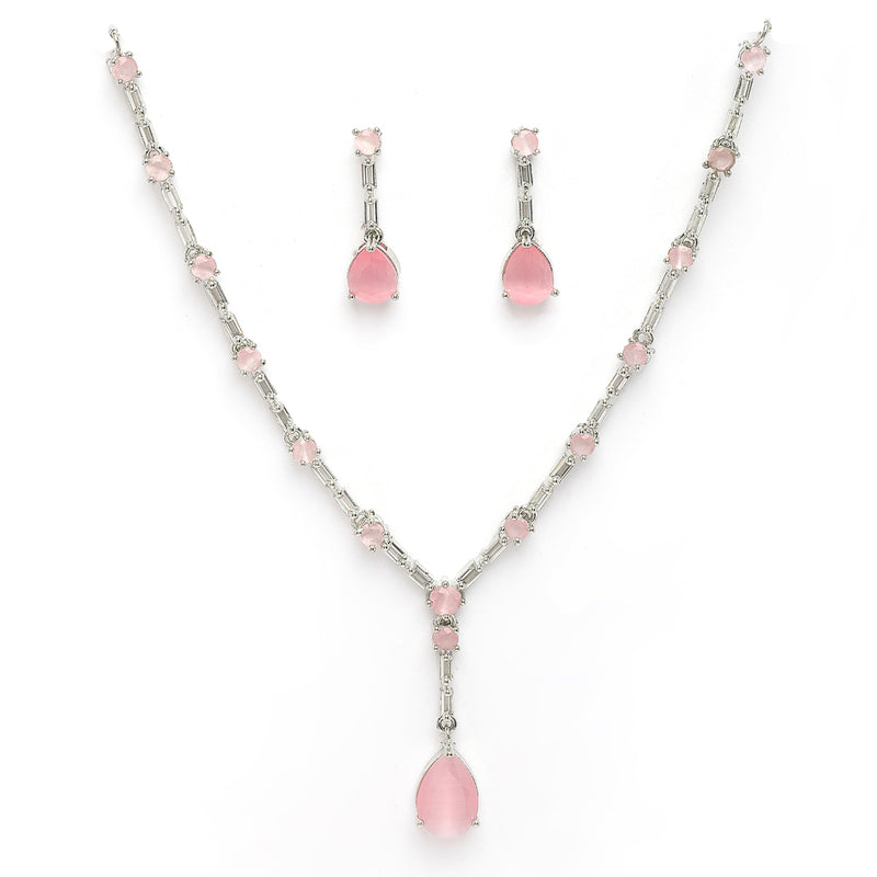 Rhodium Plated Silver Toned Teardrop Shaped Pink & White American Diamond Studded Jewellery Set
