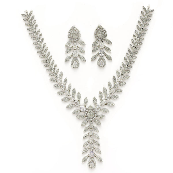 Rhodium Plated Silver Toned Leaf Shaped White American Diamond Studded Jewellery Set