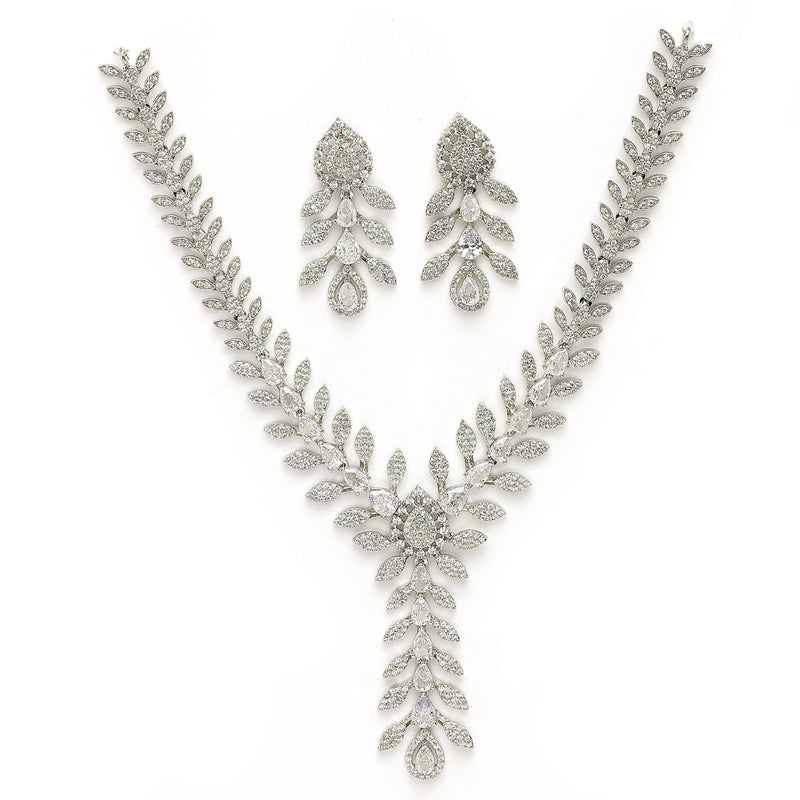 Rhodium Plated Silver Toned Leaf Shaped White American Diamond Studded Jewellery Set