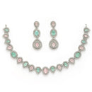 Rhodium Plated Silver Toned Teardrop Shaped Pink & Sea Green American Diamond Studded Jewellery Set