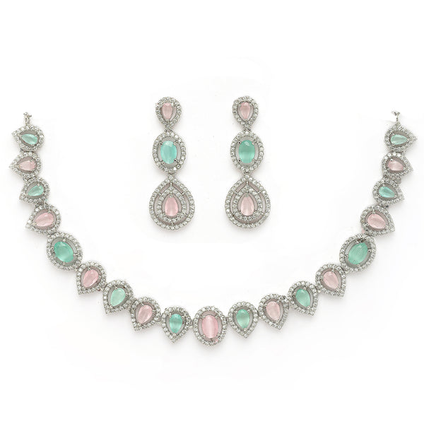 Rhodium Plated Silver Toned Teardrop Shaped Pink & Sea Green American Diamond Studded Jewellery Set