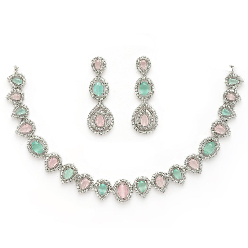 Rhodium Plated Silver Toned Teardrop Shaped Pink & Sea Green American Diamond Studded Jewellery Set