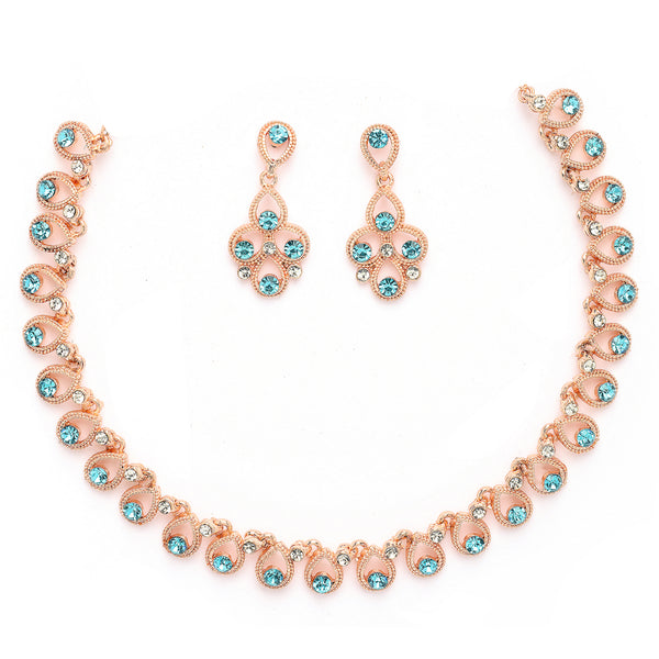 Rose Gold Plated Teardrop Shaped Blue Cubic Zirconia Studded Jewellery Set
