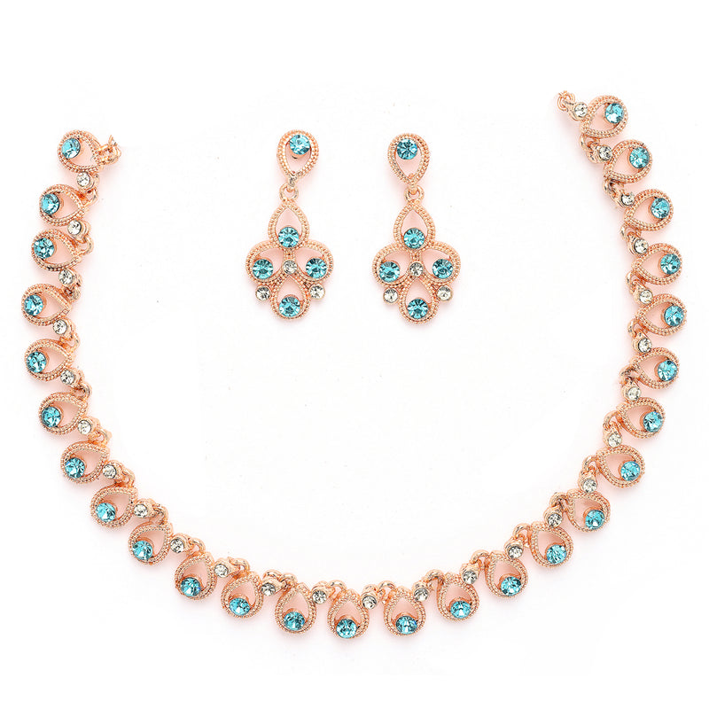 Rose Gold Plated Teardrop Shaped Blue Cubic Zirconia Studded Jewellery Set