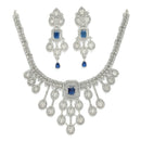 Rhodium Plated Silver Toned Teardrop Shaped Blue & White American Diamond Studded Jewellery Set