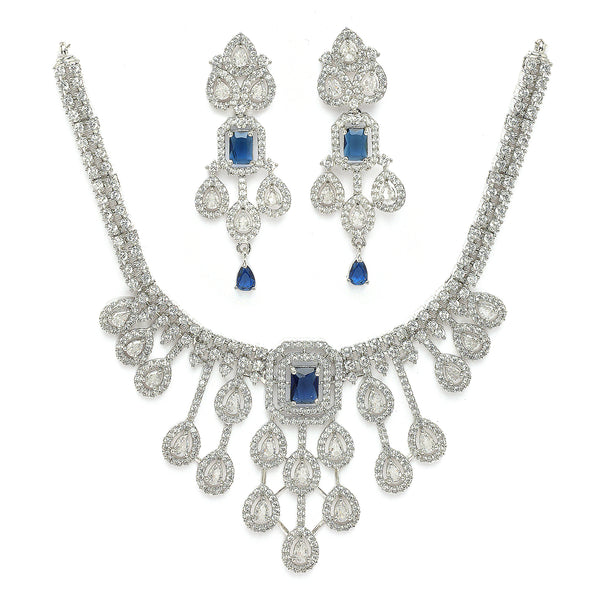 Rhodium Plated Silver Toned Teardrop Shaped Blue & White American Diamond Studded Jewellery Set