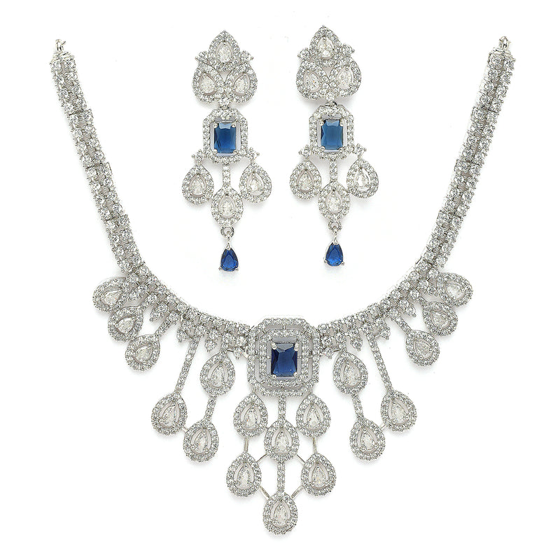 Rhodium Plated Silver Toned Teardrop Shaped Blue & White American Diamond Studded Jewellery Set