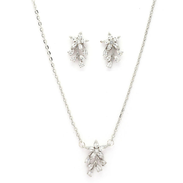 Rhodium Plated Silver Toned White American Diamond Studded Floral Teardrop Shaped Pendant Set