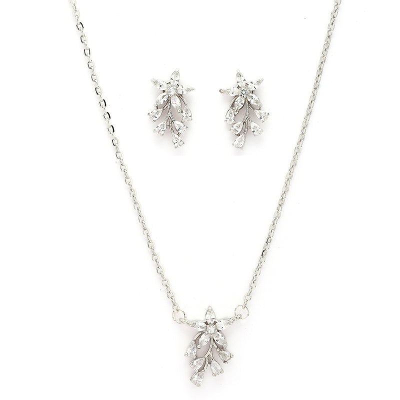 Rhodium Plated Silver Toned White American Diamond Studded Floral Teardrop Shaped Pendant Set