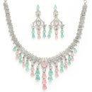 Rhodium Plated Silver Toned Teardrop Shaped Pink & Sea Green American Diamond Studded Jewellery Set