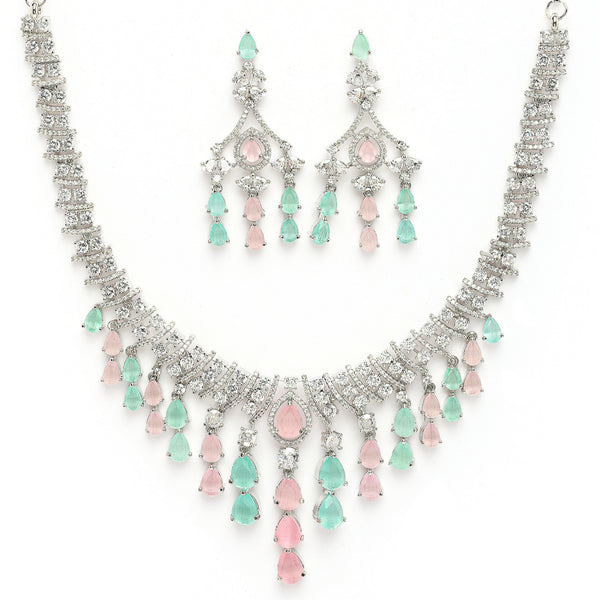 Rhodium Plated Silver Toned Teardrop Shaped Pink & Sea Green American Diamond Studded Jewellery Set
