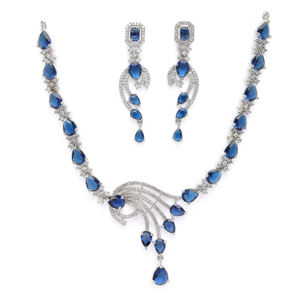 Rhodium Plated Silver Toned Blue & White American Diamond Studded Jewellery Set