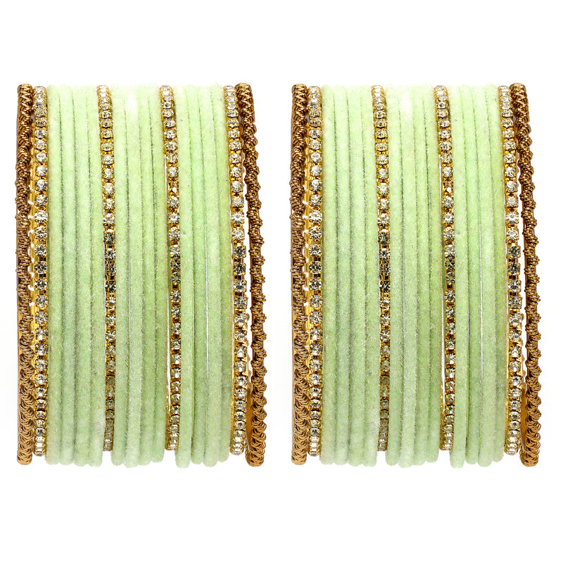 Gold-Plated Pastel Green Matte Finish Velvet Cz Studded Bangles Set Of 36