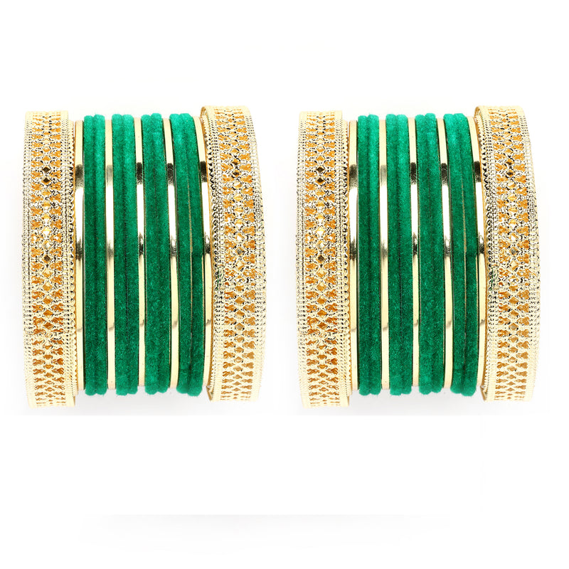 Gold-Plated Matte Finish Green Velvet Textured Bangles Set Of 30