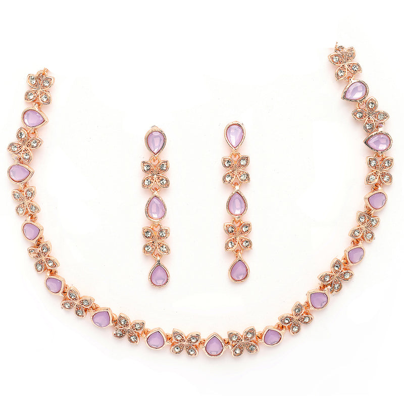 Rose Gold Plated Butterfly Shaped Lavender Cubic Zirconia Studded Jewellery Set