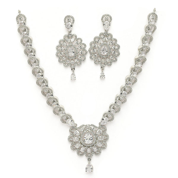 Rhodium Plated Silver Toned Ornate Shaped White American Diamond Studded Jewellery Set