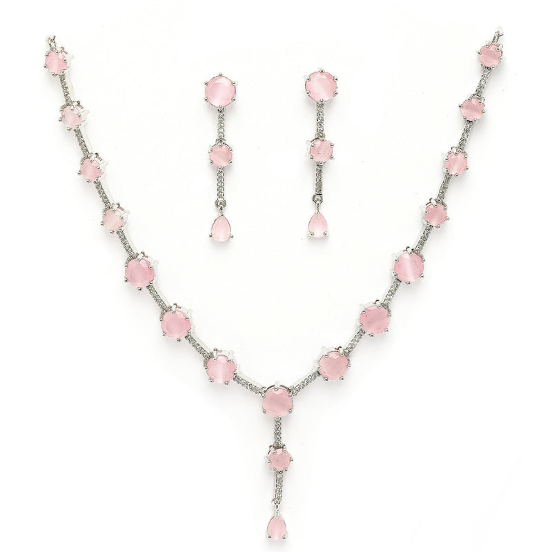 Rhodium Plated Silver Toned Circle Shaped Pink American Diamond Studded Jewellery Set