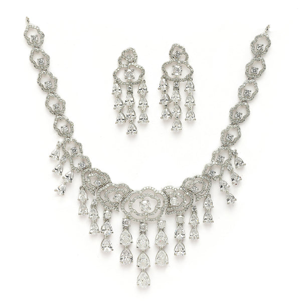 Rhodium Plated Silver Toned Floral White American Diamond Studded Jewellery Set