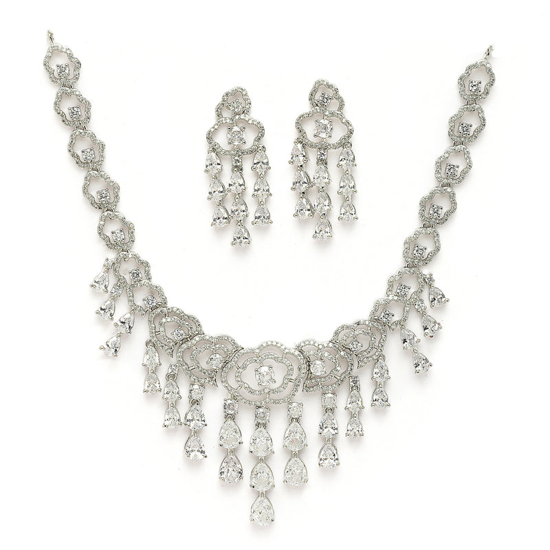 Rhodium Plated Silver Toned Floral White American Diamond Studded Jewellery Set