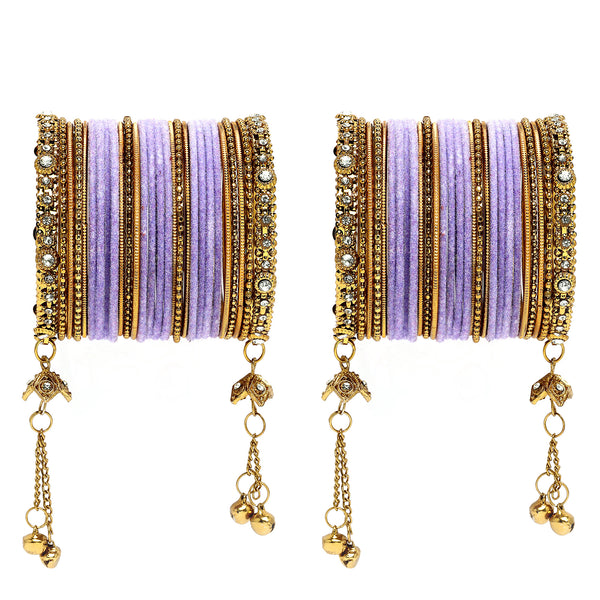 Gold-Plated Violet Matte Finish Velvet Cz Studded Tasselled Bangles Set Of 56