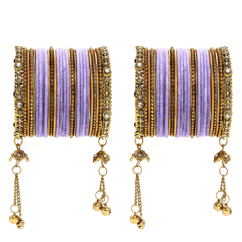 Gold-Plated Violet Matte Finish Velvet Cz Studded Tasselled Bangles Set Of 56
