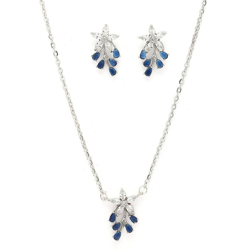 Rhodium Plated Silver Toned Blue And White American Diamond Studded Floral Teardrop Shaped Pendant Set