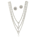 Rhodium Plated Silver Toned White American Diamond Studded Multi Layered Necklace With Earrings Jewellery Set