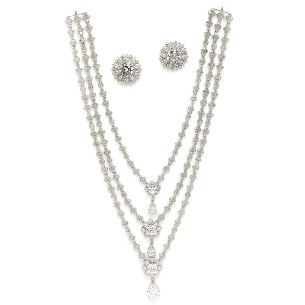 Rhodium Plated Silver Toned White American Diamond Studded Multi Layered Necklace With Earrings Jewellery Set
