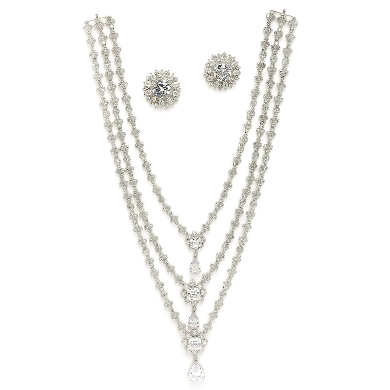 Rhodium Plated Silver Toned White American Diamond Studded Multi Layered Necklace With Earrings Jewellery Set