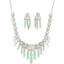 Rhodium Plated Silver Toned Floral Sea Green & White American Diamond Studded Jewellery Set