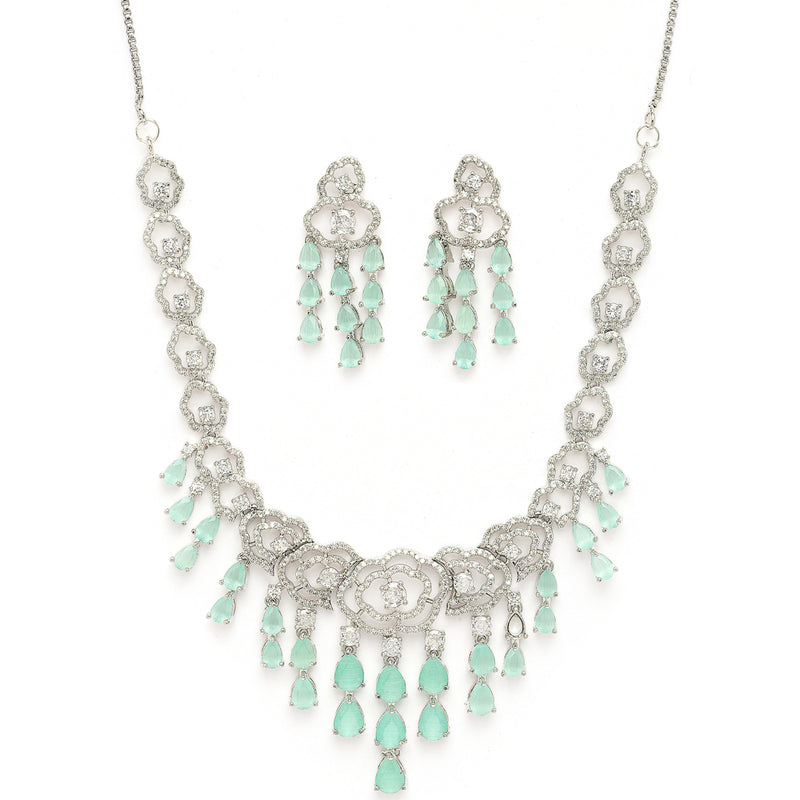 Rhodium Plated Silver Toned Floral Sea Green & White American Diamond Studded Jewellery Set