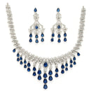 Rhodium Plated Silver Toned Teardrop Shaped Blue & White American Diamond Studded Jewellery Set