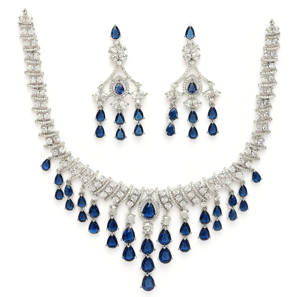 Rhodium Plated Silver Toned Teardrop Shaped Blue & White American Diamond Studded Jewellery Set