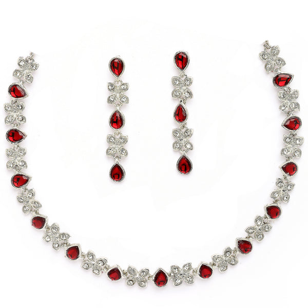 Rhodium Plated Silver Toned Butterfly Shaped Red Cubic Zirconia Studded Jewellery Set