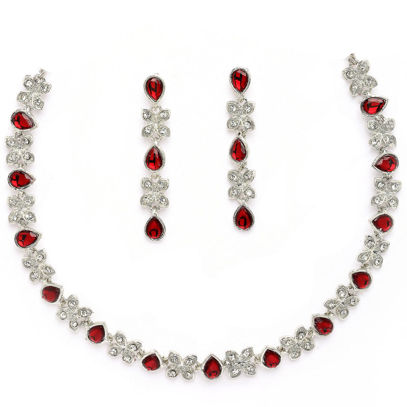 Rhodium Plated Silver Toned Butterfly Shaped Red Cubic Zirconia Studded Jewellery Set