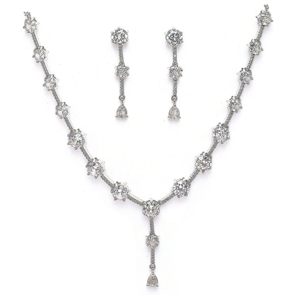 Rhodium Plated Silver Toned Circle Shaped White American Diamond Studded Jewellery Set