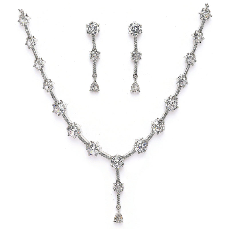 Rhodium Plated Silver Toned Circle Shaped White American Diamond Studded Jewellery Set