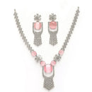 Rhodium Plated Silver Toned Floral Shaped Pink & White American Diamond Studded Jewellery Set
