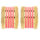 Gold-Plated Matte Finish Pink Velvet Textured Bangles Set Of 30