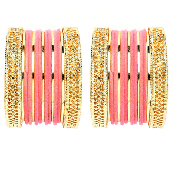 Gold-Plated Matte Finish Pink Velvet Textured Bangles Set Of 30
