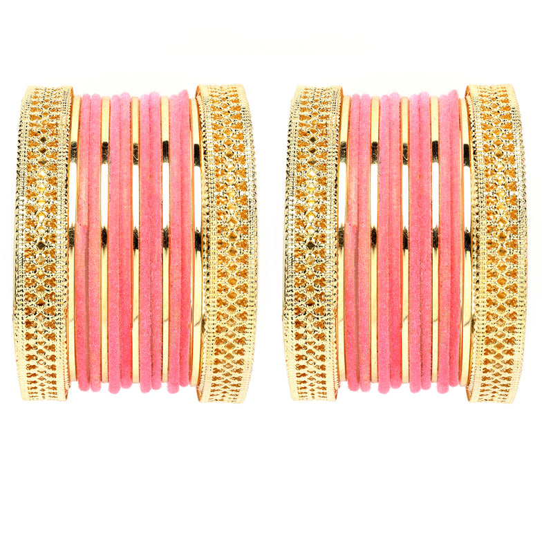 Gold-Plated Matte Finish Pink Velvet Textured Bangles Set Of 30