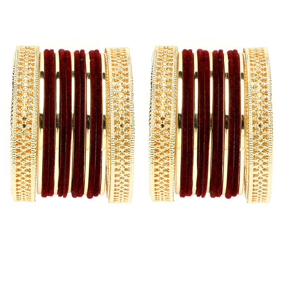 Gold-Plated Matte Finish Maroon Velvet Textured Bangles Set Of 30