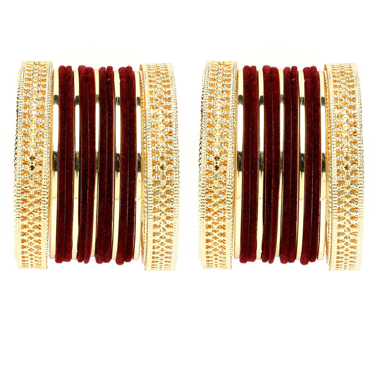 Gold-Plated Matte Finish Maroon Velvet Textured Bangles Set Of 30