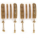 Gold-Plated Lavender Matte Finish Velvet Cz Studded Tasselled Bangles Set Of 56