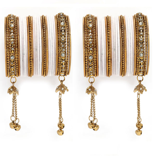 Gold-Plated Lavender Matte Finish Velvet Cz Studded Tasselled Bangles Set Of 56