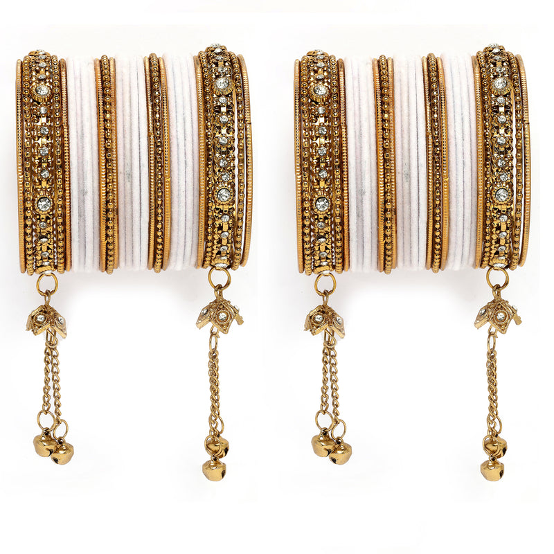 Gold-Plated Lavender Matte Finish Velvet Cz Studded Tasselled Bangles Set Of 56