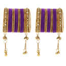Gold-Plated Purple Matte Finish Velvet Cz Studded Tasselled Bangles Set Of 56